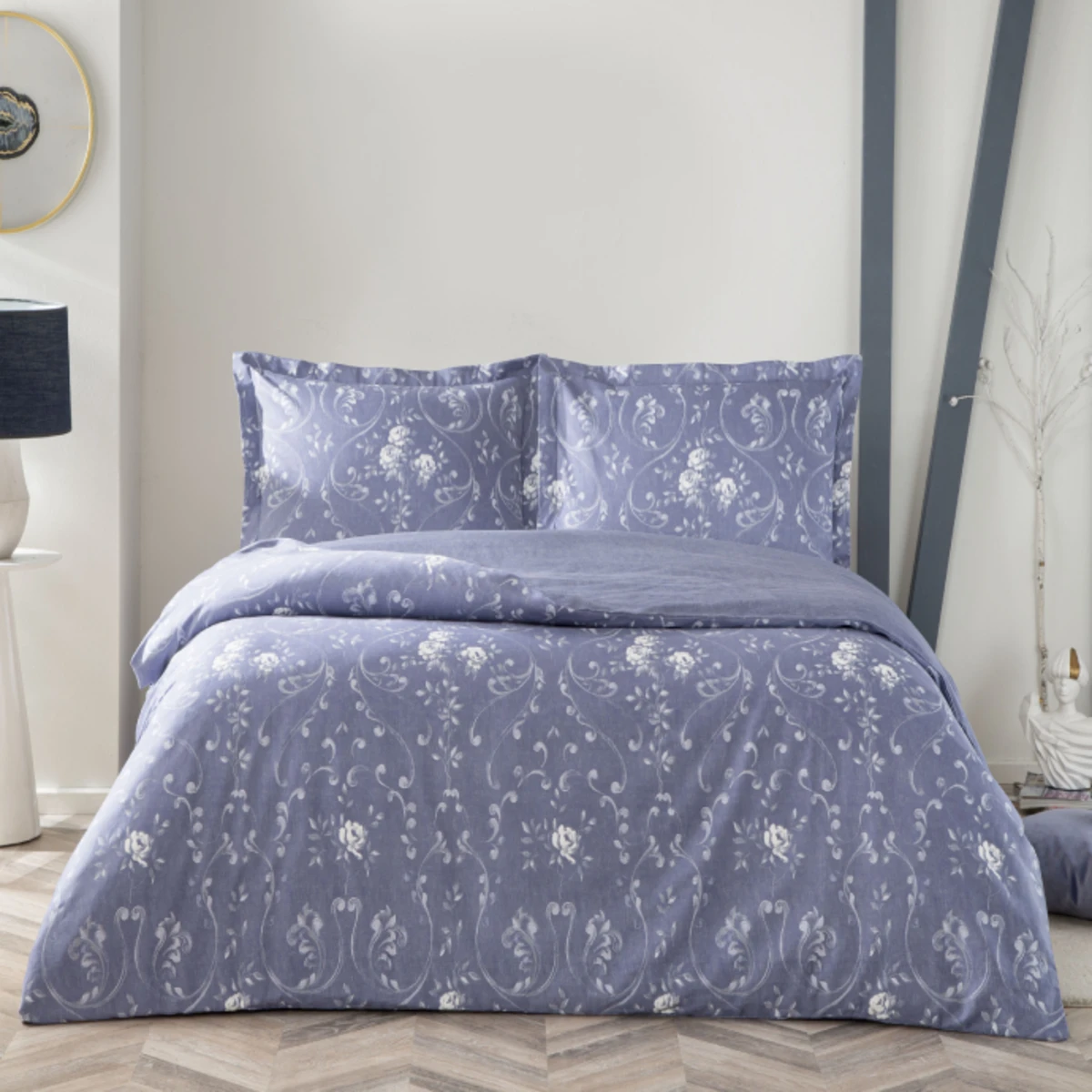 TAC Jeanne Saten Bed Linen Set Double Size Blue 200x220+230x260+50x70(2pc) cm 