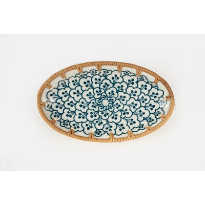 Manamo Anya Plate Ceramic / Rattan Blue/White 20x12x2.5 cm
