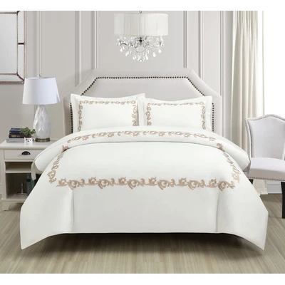 Manamo Broni Bed Linnen Set  Saten Embroidered Ecru Double200x220 cm+240x260 cm+50x70 cm(2)
